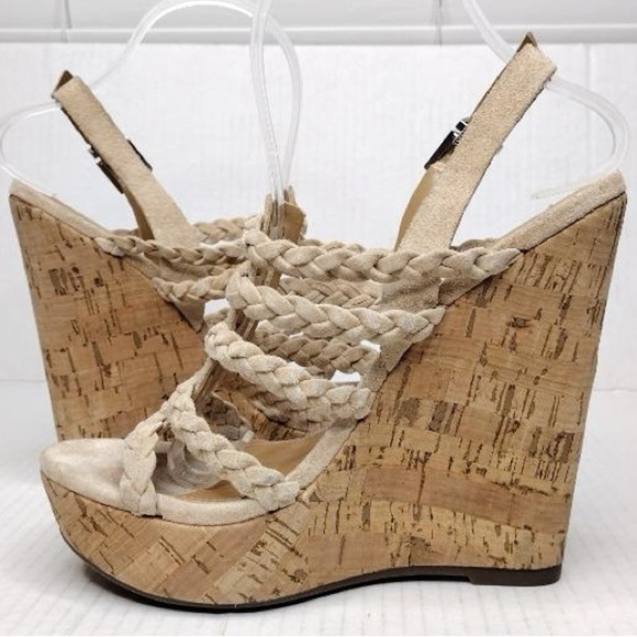 SCHUTZ Beige Braided Straps Boho Resort Cork Wedge Sandals - Picture 4 of 16